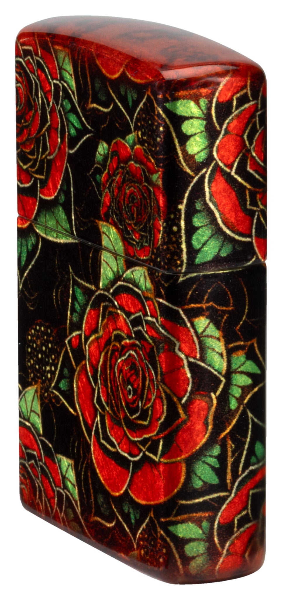 Angled shot of  Zippo Blooming Roses Design 540 Tumbled Brass Windproof Lighter showing the front and right sides of the lighter.