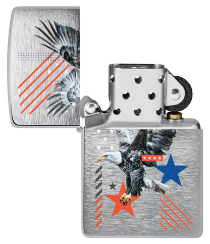 Zippo Abstract Americana Design Brushed Chrome Windproof Lighter with its lid open and unlit.