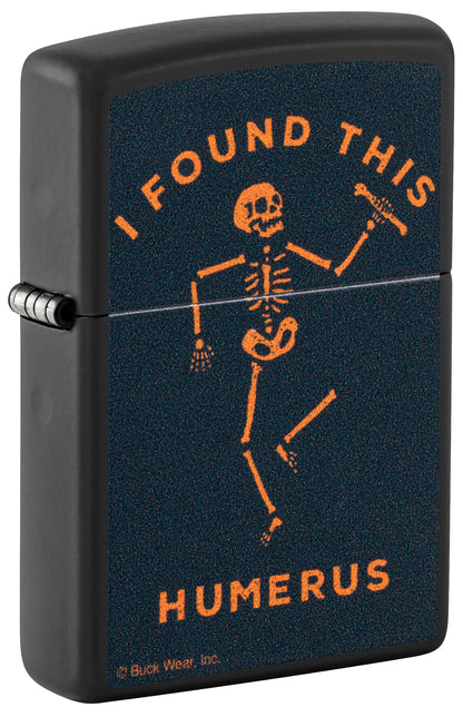 Front shot of Zippo Buck Wear™ Humerus Design Black Matte Windproof Lighter standing at a 3/4 angle.