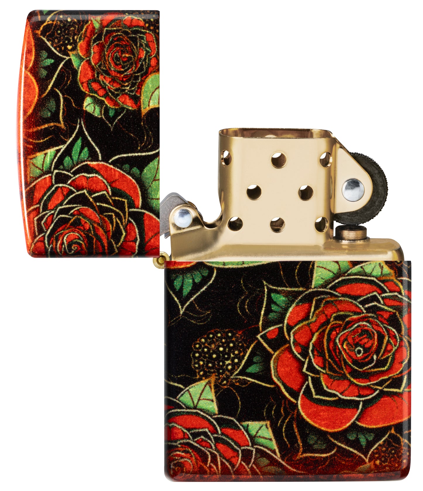 Zippo Blooming Roses Design 540 Tumbled Brass Windproof Lighter with its lid open and unlit.