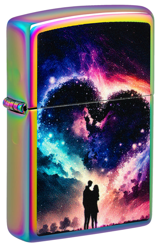 Front shot of Zippo Cosmic Love Design Multi Color Windproof Lighter standing at a 3/4 angle.