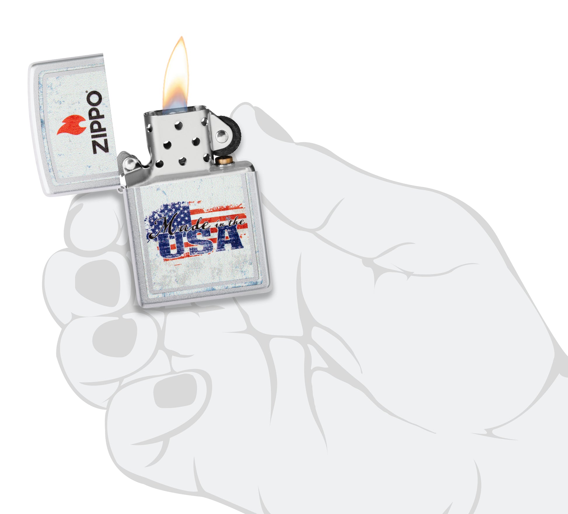 Zippo Made in the USA Design Satin Chrome Windproof Lighter lit in hand.