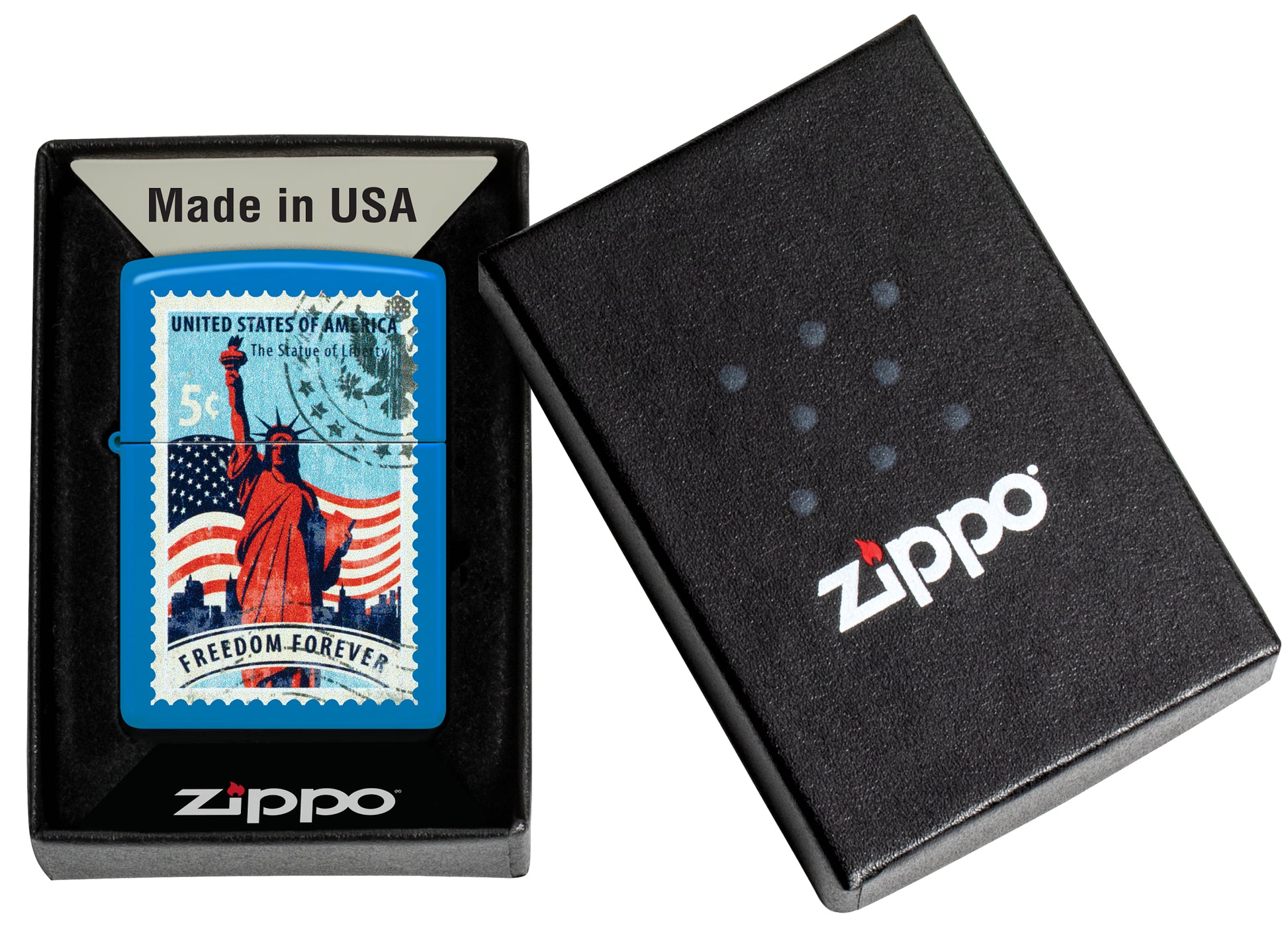Zippo Stamp of Liberty Design Sky Blue Matte Windproof Lighter in its packaging.