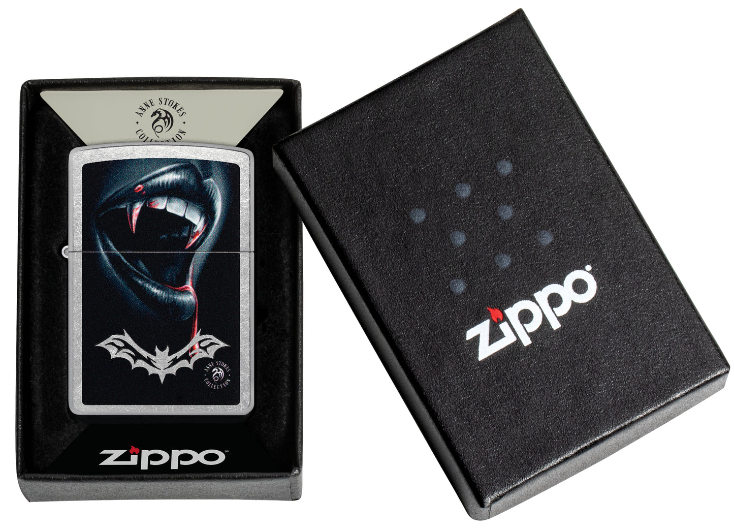 Zippo Anne Stokes Bite Design Street Chrome Windproof Lighter in its packaging.