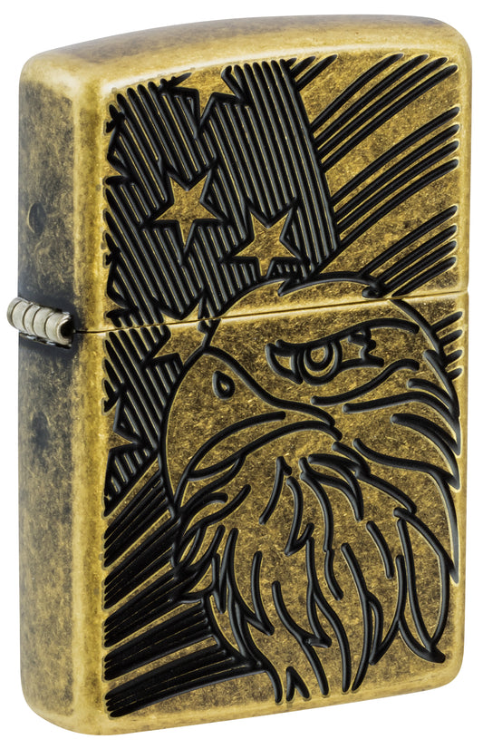 Front shot of Zippo Eagle and Flag Design Armor® Antique Brass Windproof Lighter standing at a 3/4 angle.