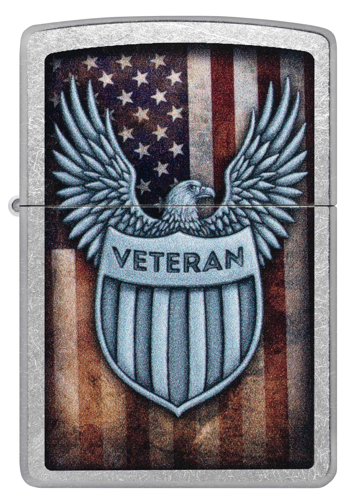 Front view of Zippo Veteran Crest Design Street Chrome Windproof Lighter.