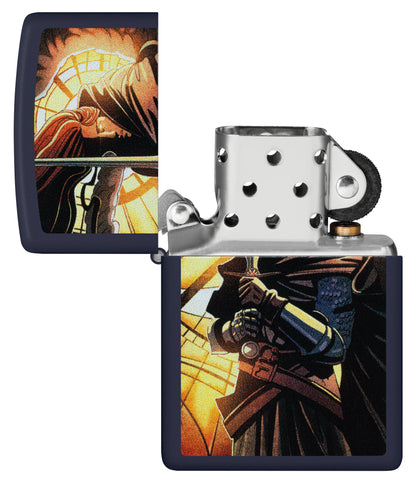 Zippo Abstract Knight Design Navy Matte Windproof Lighter with its lid open and unlit.