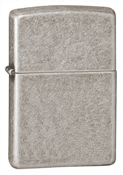 ArmorÂ® Antique Silver Plate Windproof Lighter standing at a 3/4 angle