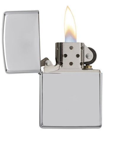 ArmorÂ® High Polish Chrome Windproof Lighter with its lid open and lit