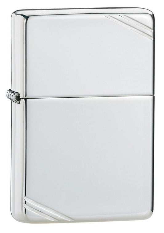 Front shot of Sterling Silver Vintage with Slashes Windproof Lighter standing at a 3/4 angle