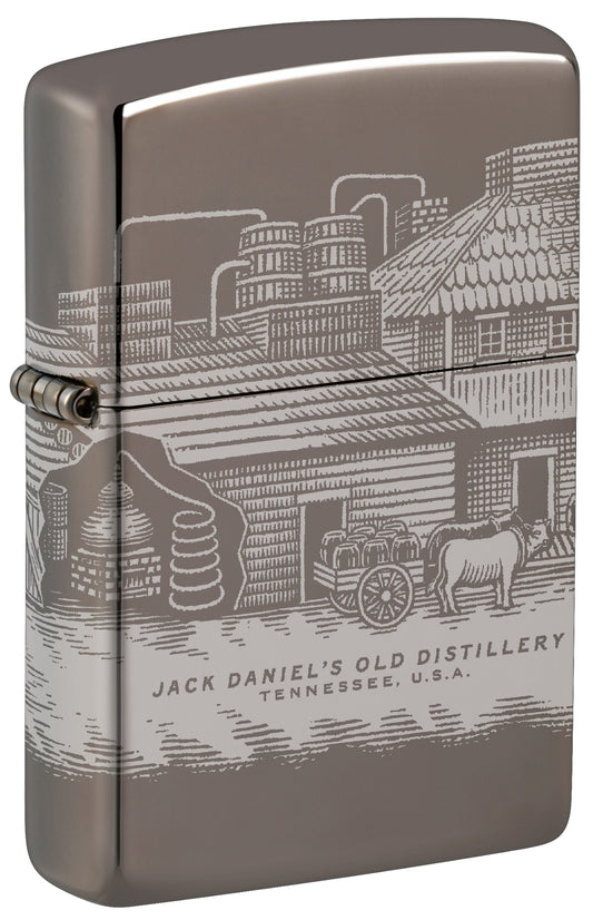 Front shot of Zippo Jack Daniel's® Distillery Design Black Ice® Windproof Lighter standing at a 3/4 angle.
