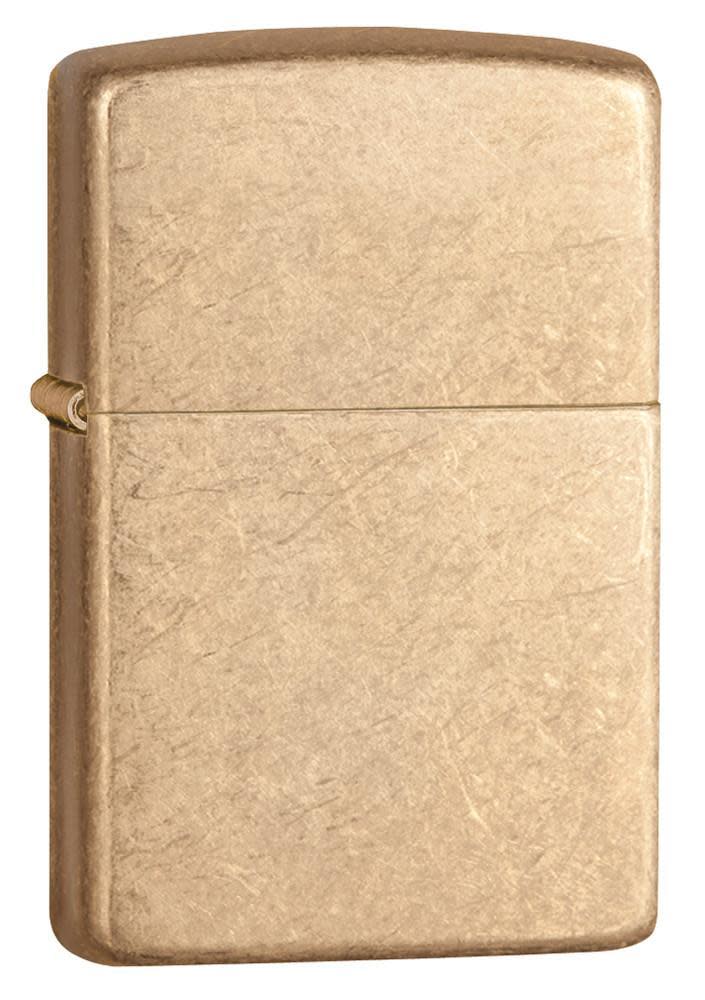 ArmorÂ® Tumbled Brass Windproof Lighter standing at a 3/4 angle