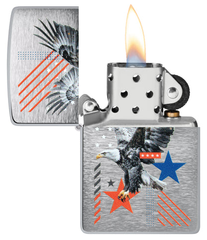 Zippo Abstract Americana Design Brushed Chrome Windproof Lighter with its lid open and lit.