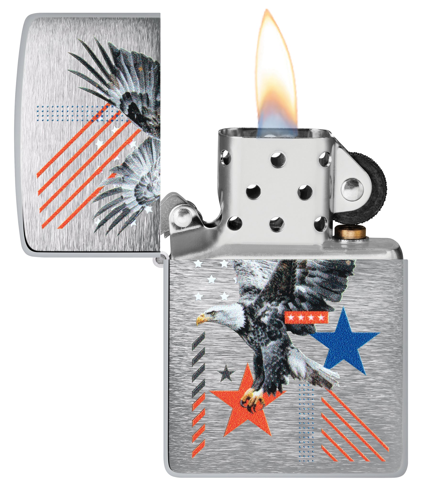 Zippo Abstract Americana Design Brushed Chrome Windproof Lighter with its lid open and lit.