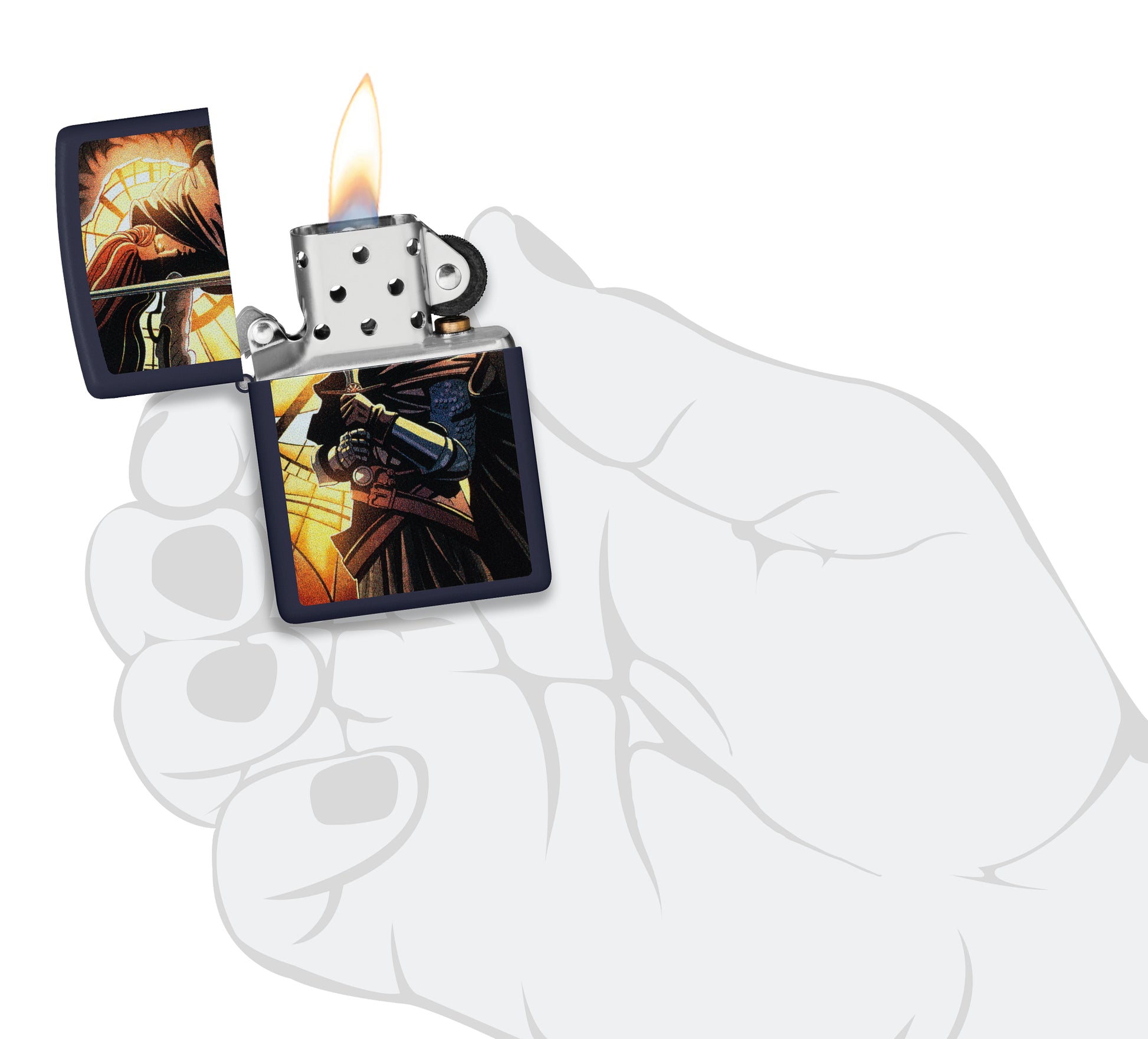 Zippo Abstract Knight Design Navy Matte Windproof Lighter lit in hand.