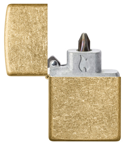 Zippo Armor® Tumbled Brass Windproof Lighter with its lid open and showing the Bit Safe Screwdriver USA. 