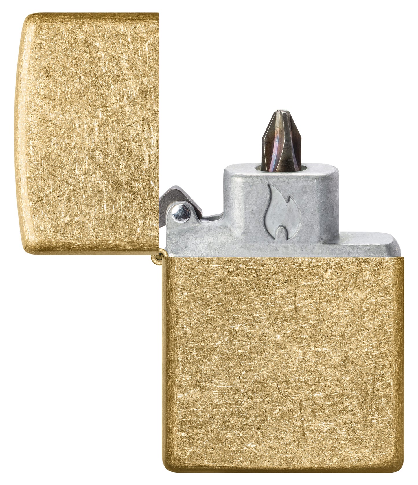 Zippo Armor® Tumbled Brass Windproof Lighter with its lid open and showing the Bit Safe Screwdriver USA. 