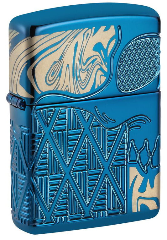 Front view of Skull Design ArmorÂ® High Polish Blue Windproof Lighter standing on a 3/4 angle.