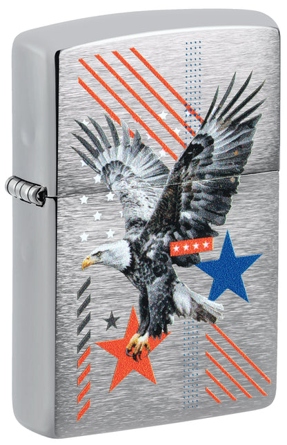 Front shot of Zippo Abstract Americana Design Brushed Chrome Windproof Lighter standing at a 3/4 angle.
