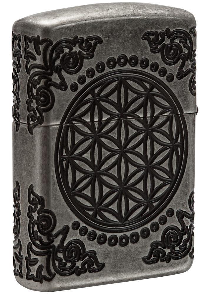 Back view of ArmorÂ® Tree of Life Windproof Lighter standing at a 3/4 angle