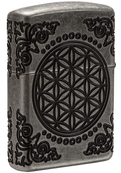 Back view of ArmorÂ® Tree of Life Windproof Lighter standing at a 3/4 angle