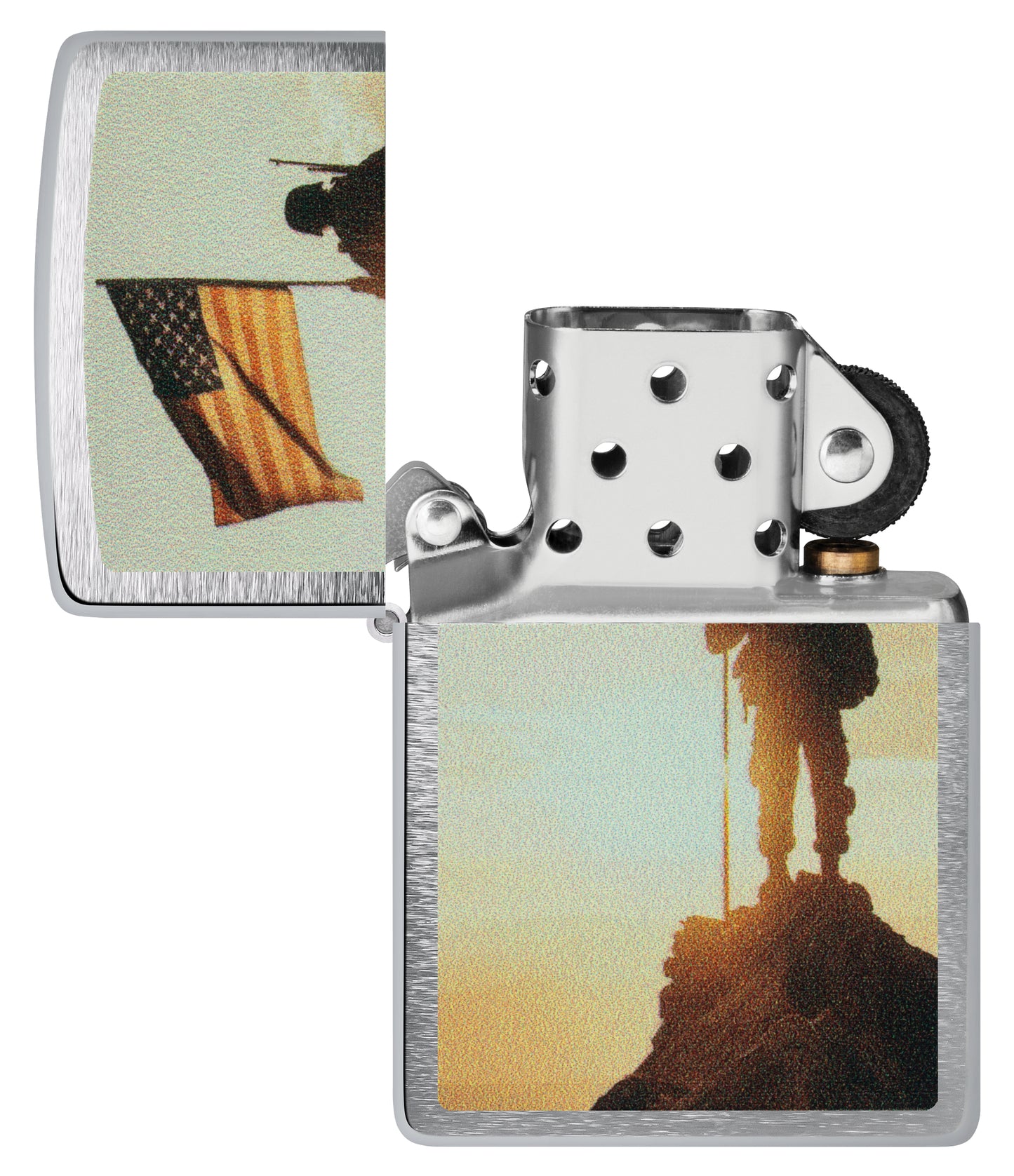 Zippo Soldier and Flag Design Brushed Chrome Windproof Lighter  with its lid open and unlit.