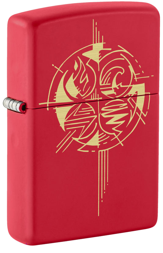 Front shot of Zippo Elements Design Red Matte Windproof Lighter standing at a 3/4 angle.