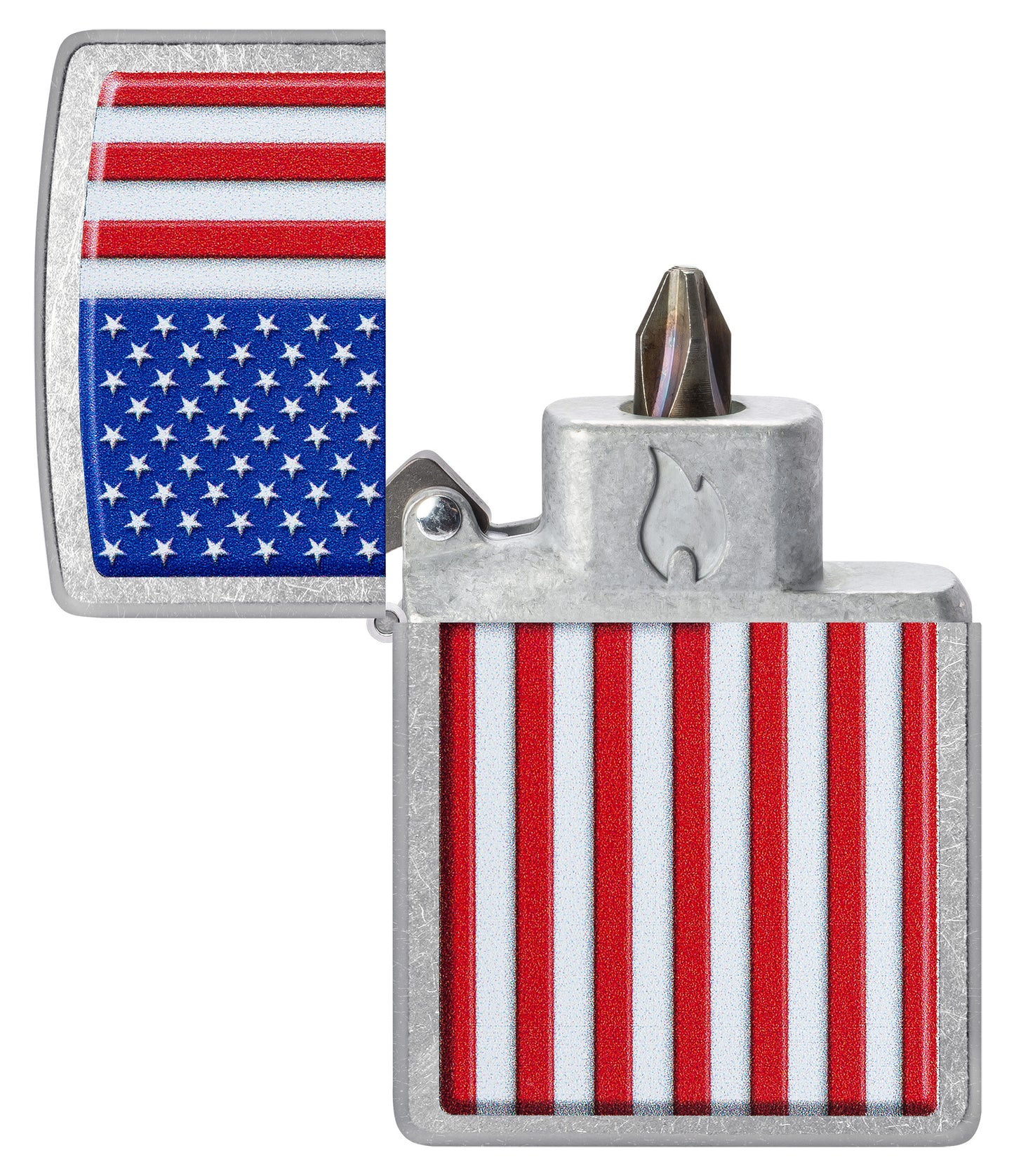 Zippo Patriotic Design Windproof Lighter with its lid open and showing the Bit Safe Screwdriver USA. 