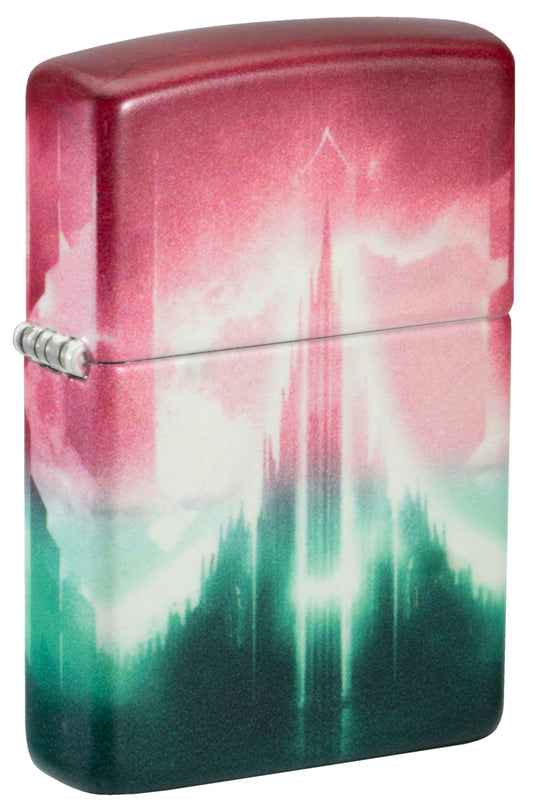 Front shot of Zippo Wicked City Design Glow in the dark Green Windproof Lighter standing at a 3/4 angle.