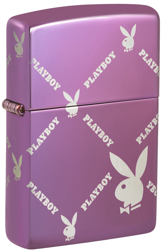 Front shot of Zippo Playboy Argyle Design High Polish Purple Windproof Lighter  standing at a 3/4 angle.