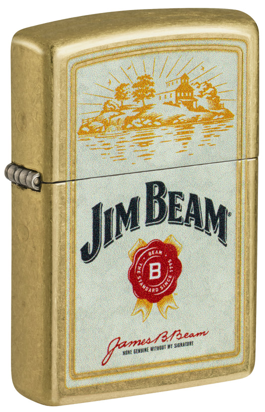Front shot of Zippo Jim Beam® Provenance Design Street Brass Windproof Lighter standing at a 3/4 angle.