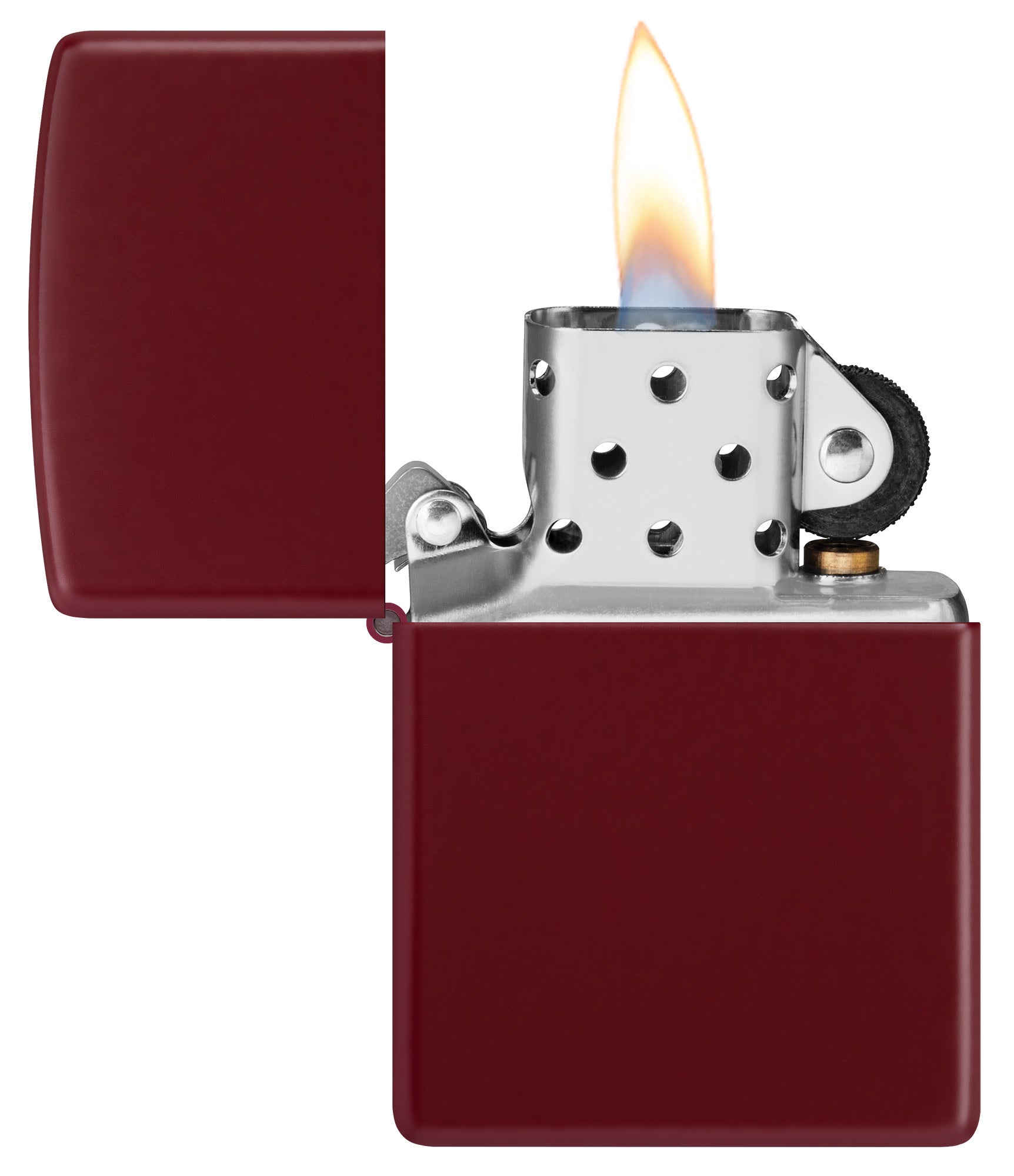 Zippo Classic Merlot Windproof Lighter with its lid open and lit.