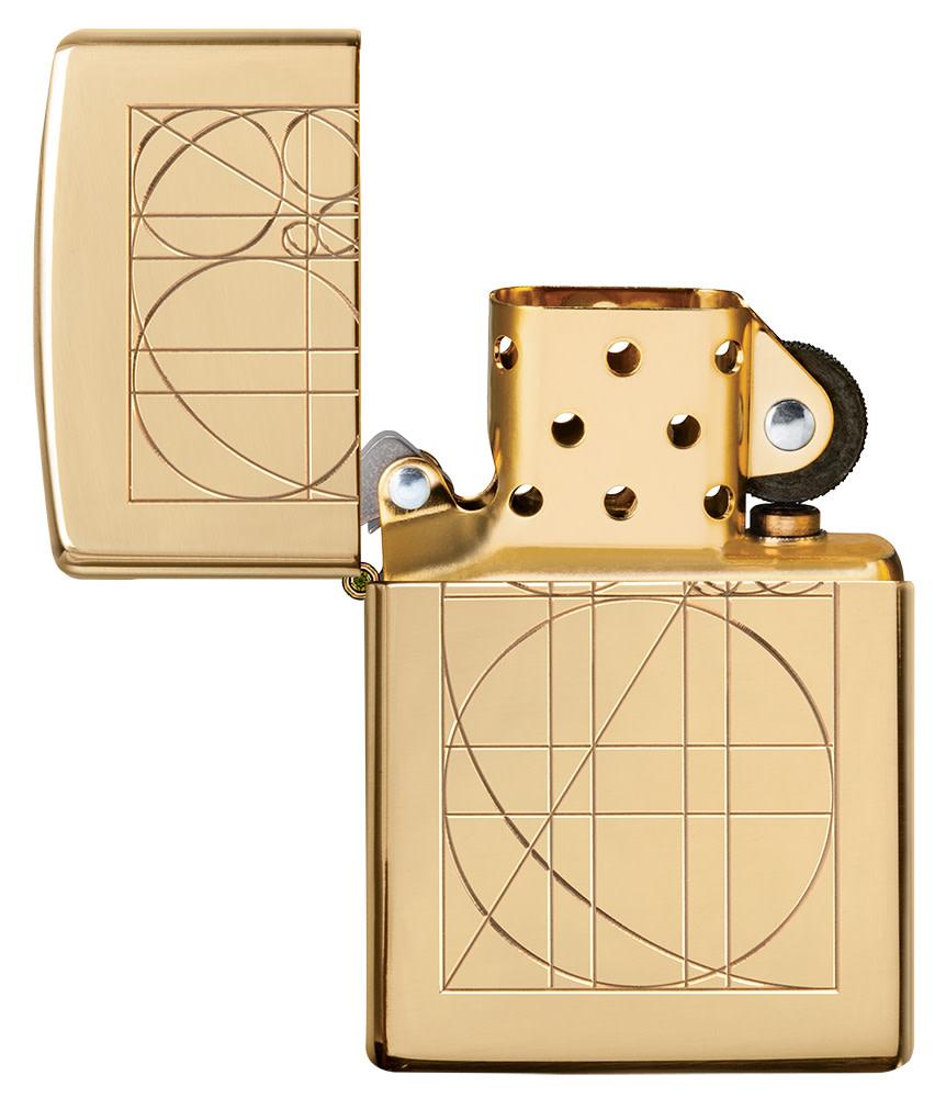 Golden Ratio ArmorÂ® High Polish Brass Windproof Lighter with its lid open and unlit