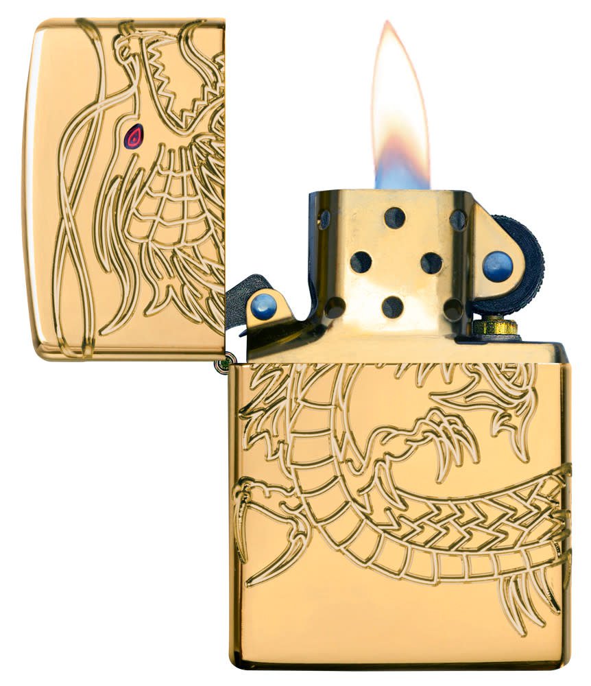 ArmorÂ® Asian Dragon 360-Degree Gold-Plate Windproof Lighter with its lid open and lit
