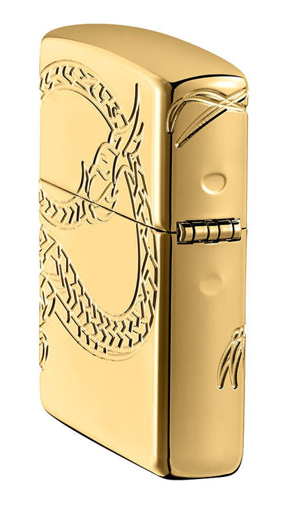 Angled shot of ArmorÂ® Asian Dragon 360-Degree Gold-Plate Windproof Lighter, showing the back and hinge side of the lighter