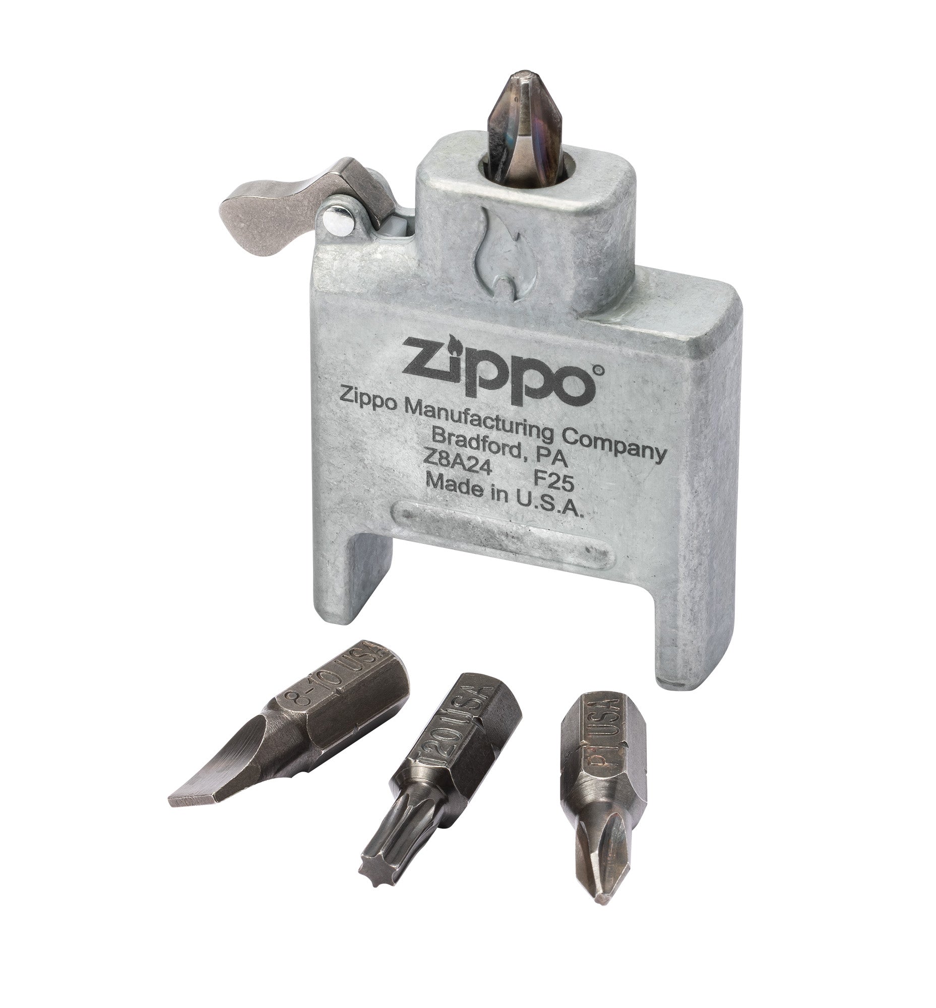 Zippo Bit Safe USA 4-in-1 Screwdriver Lighter Insert standing at a 3/4 angle with the Phillips head and other screw bits displayed.