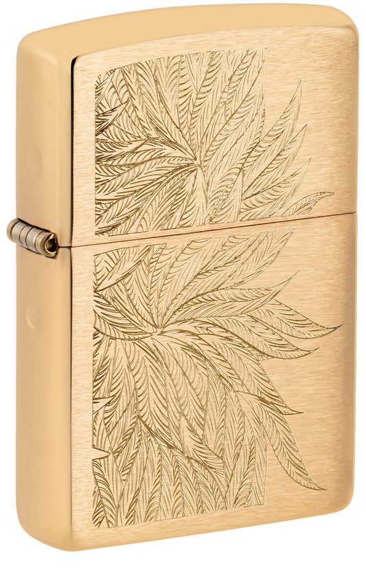 Front shot of Zippo Lush Leaves Design Brushed Brass Windproof Lighter standing at a 3/4 angle.