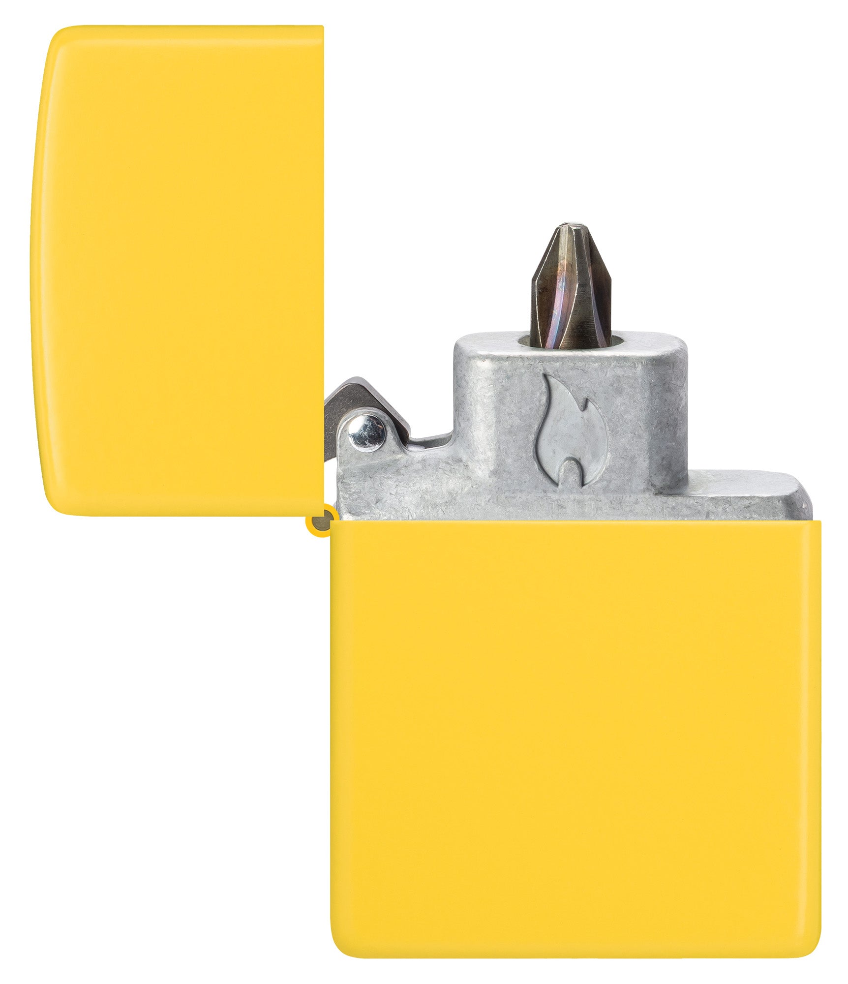 Zippo Sunflower Windproof Lighter with its lid open and showing the Bit Safe Screwdriver USA. 
