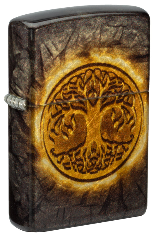 Front shot of Zippo Gleaming Tree of Life Design 540 Tumbled Brass Windproof Lighter standing at a 3/4 angle.
