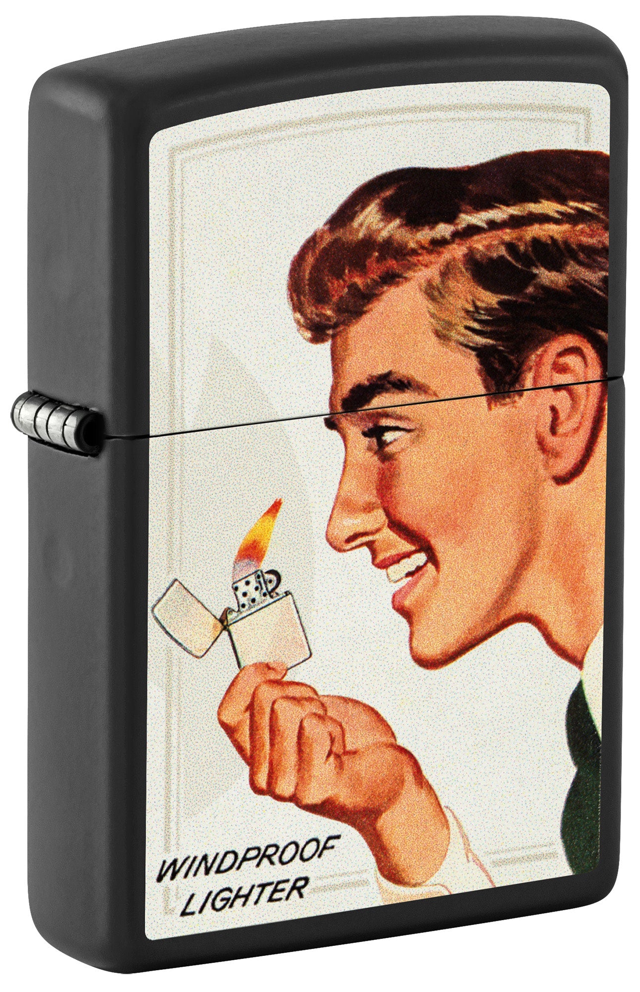 Front shot of Zippo Vintage Ad Lighter Set Matte Windproof Lighters standing at a 3/4 angle.