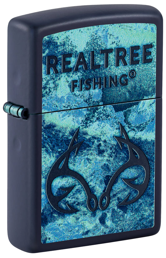 Front shot of Zippo Realtree® Fishing Design Navy Matte Windproof Lighter standing at a 3/4 angle.