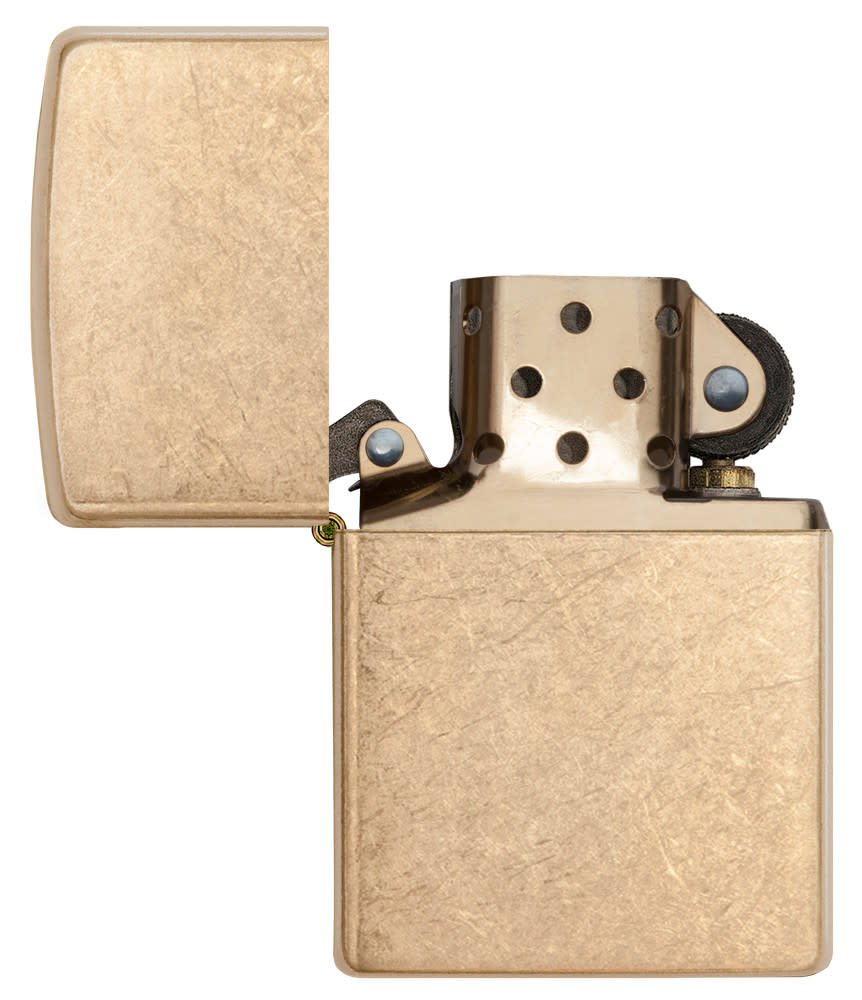 ArmorÂ® Tumbled Brass Windproof Lighter with its lid open and unlit.