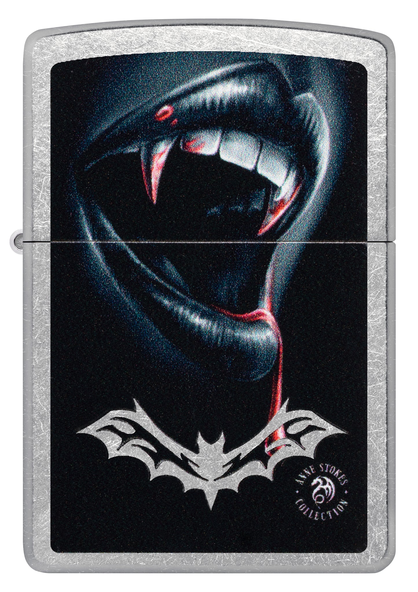 Front view of Zippo Anne Stokes Bite Design Street Chrome Windproof Lighter.