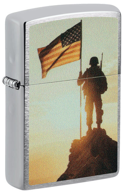 Front shot of Zippo Soldier and Flag Design Brushed Chrome Windproof Lighter  standing at a 3/4 angle.