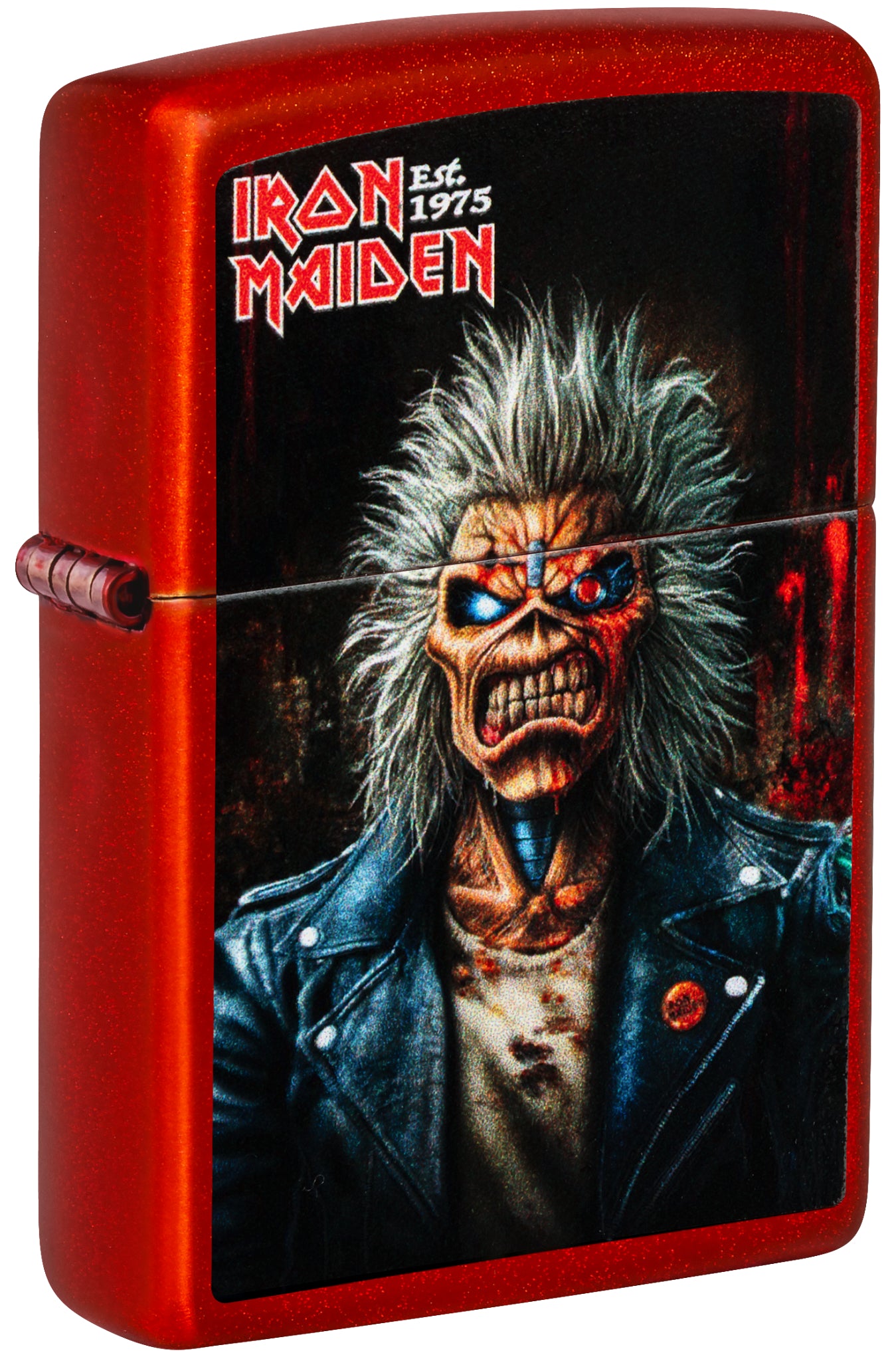 Front shot of Zippo Iron Maiden 50th Metallic Red Windproof Lighter standing at a 3/4 angle.