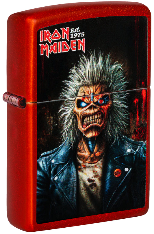 Front shot of Zippo Iron Maiden 50th Metallic Red Windproof Lighter standing at a 3/4 angle.