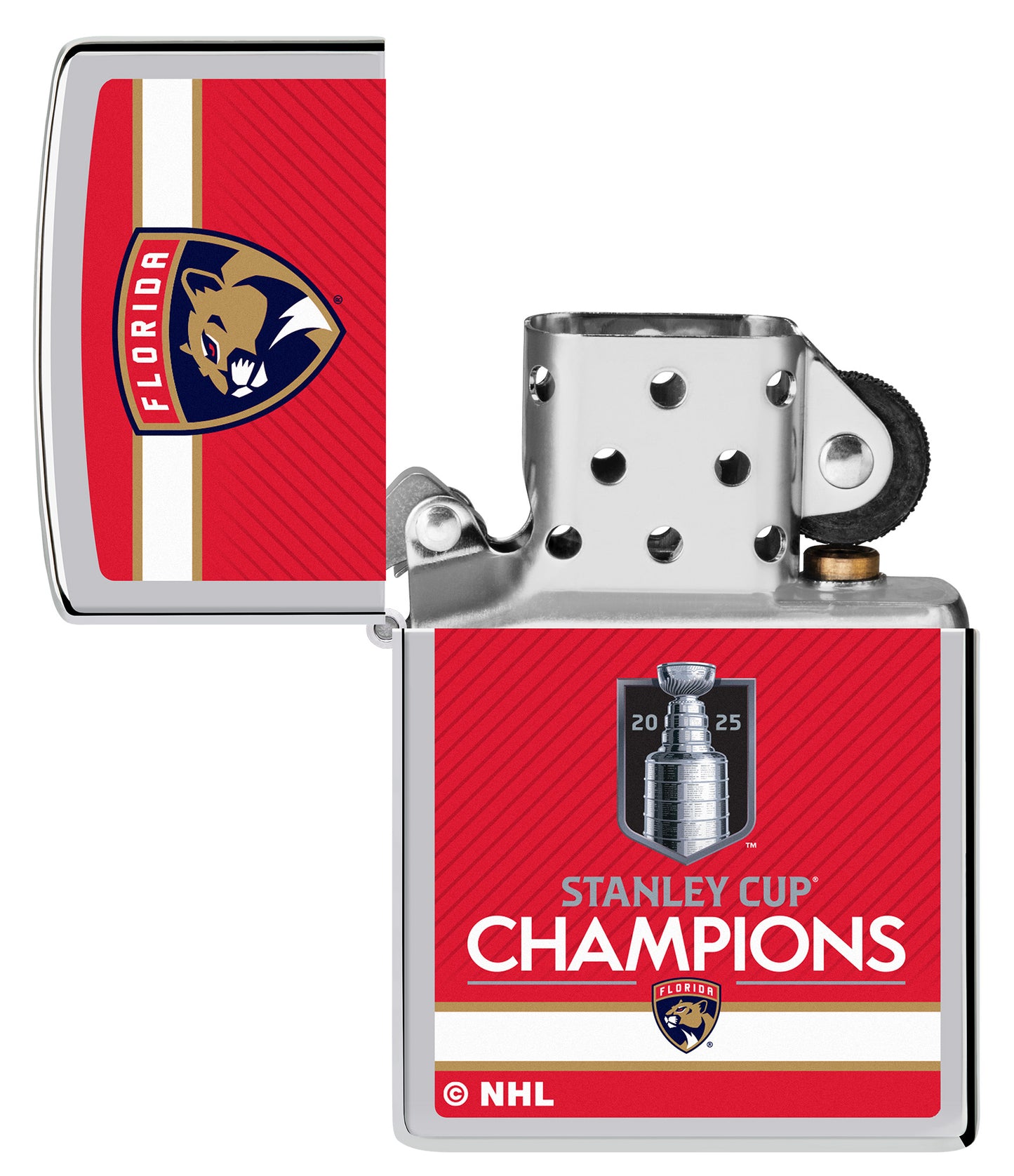 2025 Stanley Cup® Champions Florida Panthers Windproof Lighter with its lid open and unlit.