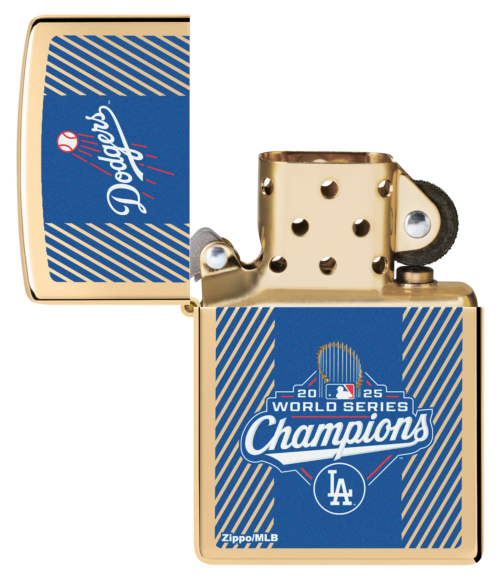 2025 World Series™ Champions - Los Angeles Dodgers™ Commemorative Lighter with its lid open and unlit.