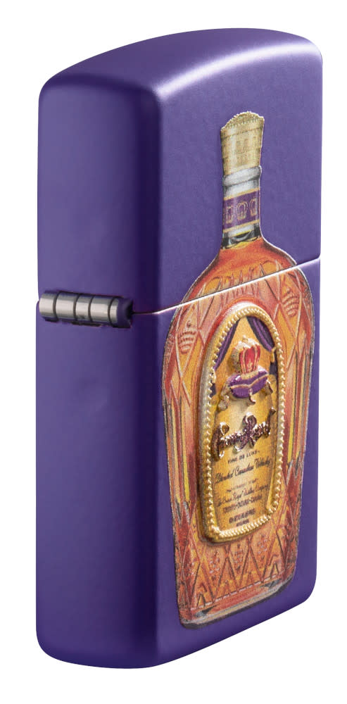 Crown RoyalÂ® Purple Matte Windproof Lighter standing at an angle, showing the front texture printed design.