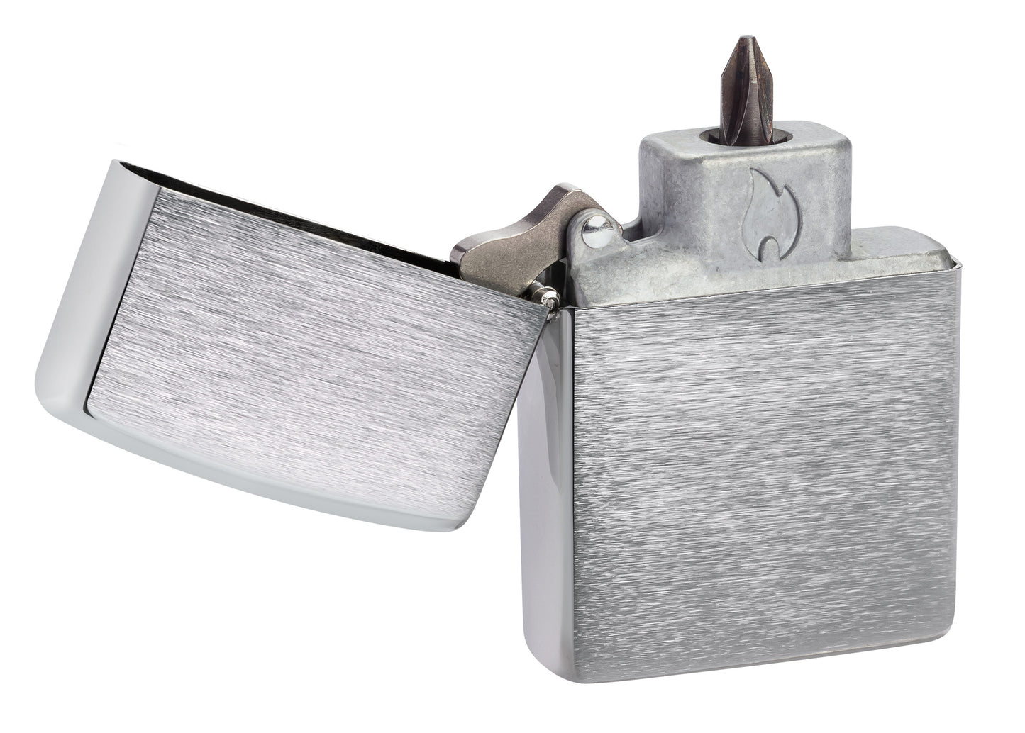 Zippo Bit Safe Screwdriver Brushed Chrome Lighter Insert standing at a 3/4 angle with the Phillips head.